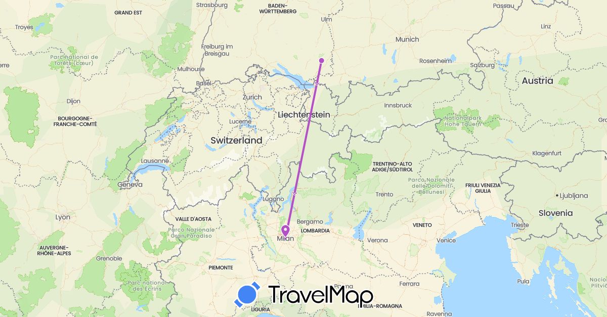 TravelMap itinerary: driving, train in Germany, Italy (Europe)